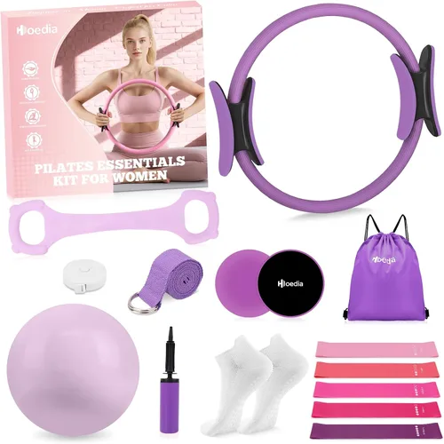 Miniatura 10 de Hoedia Kit de Pilates de 17 Piezas para Mujeres, Equipo de Pilates Anillo y Pelota Set con Bandas de Resistencia, Correa de Yoga, Deslizadores