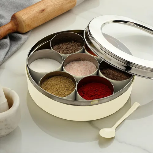 DUDKI Homes - Caja Masala de acero inoxidable, caja de especias, Masala Dabba con organizador de cocina con tapa transparente con 7 recipientes y