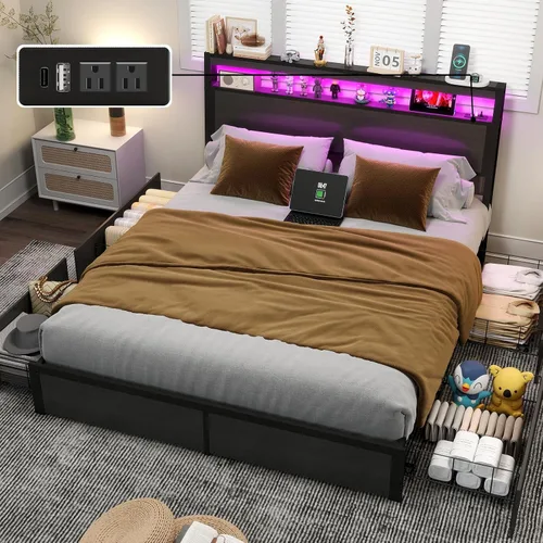 Miniatura 9 de Base de cama tamaño Queen con 4 cajones de almacenamiento y cabecero con estación de carga y luces LED, 2 niveles de almacenamiento de cabecera