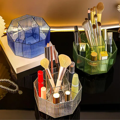 Miniatura 6 de LINFIDITE Organizador de maquillaje giratorio de 360° con soporte, caja de exhibición de cosméticos transparente, organizador de brochas