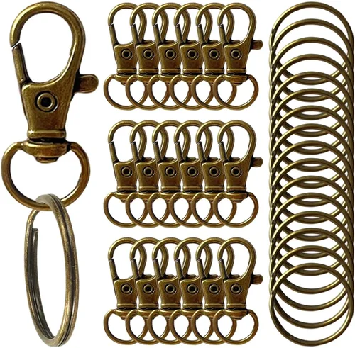 Miniatura 10 de 100 piezas de ganchos giratorios premium con llaveros, cierres de langosta de metal para llaveros de joyería, ganchos de llavero para cordón