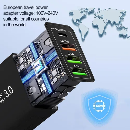 Miniatura 6 de Adaptador de enchufe europeo 40 W 4 puertos cargador USB C europeo, PD20W QC3.0 Europa USB C Bloque de cargador US a Europa adaptador de enchufe