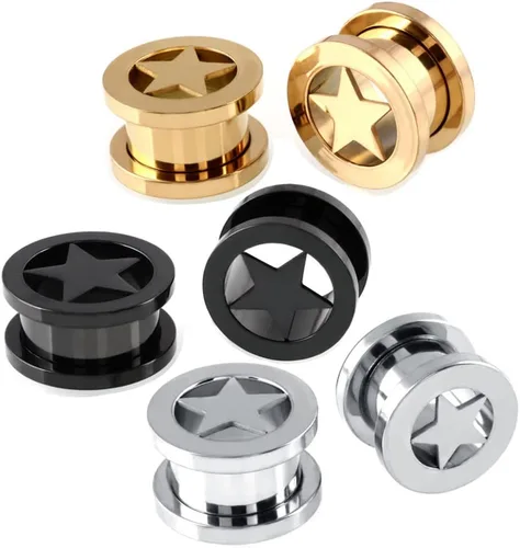 Miniatura 2 de Par de túneles estrella con tapones de acero inoxidable, tornillos, expansor de oreja, dilatador, medidores de perforación con O-Ring, moda punk