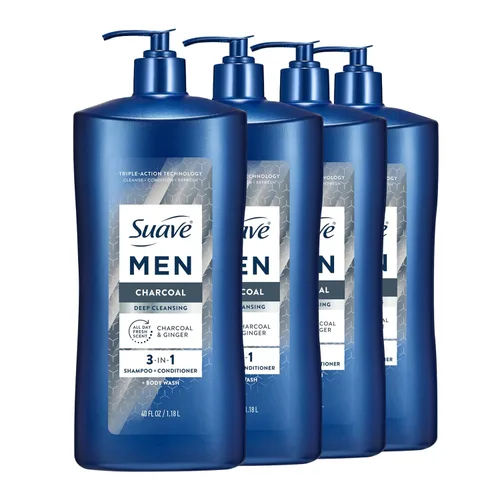 Miniatura 11 de Suave Men Champú 3 en 1 de limpieza profunda, acondicionador y gel de baño con polvo de carbón, desintoxica y limpia el cabello y la piel, elimina
