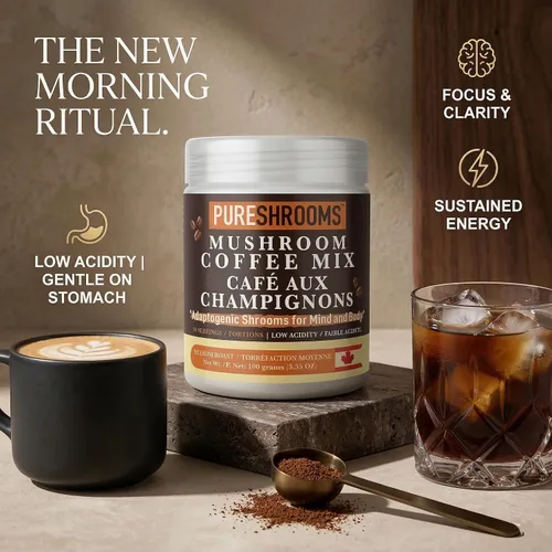 Miniatura 7 de PureShrooms Café instantáneo de hongos con melena de león orgánica, reishi y cordyceps Arábica colombiana liofilizada 600 mg de extractos