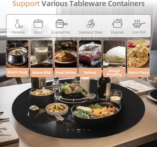 Miniatura 5 de Calentador eléctrico redondo de alimentos de 24 pulgadas, bandeja giratoria automática para mesa, 9 temperaturas ajustables para mantener la comida