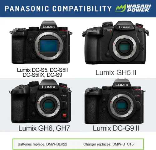 Miniatura 2 de Wasabi Power Batería (paquete de 2) y cargador de batería dual USB-C para Panasonic DMW-BLK22 y Panasonic Lumix G9 II, GH5 II / GH5M2, GH6, GH7, S5