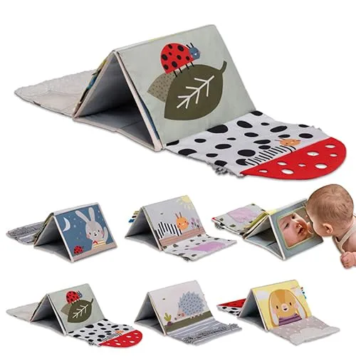 Taf Toys Libro sensorial para el tiempo boca abajo con páginas arrugadas y texturas suaves, patrones de alto contraste, espejo seguro para bebés