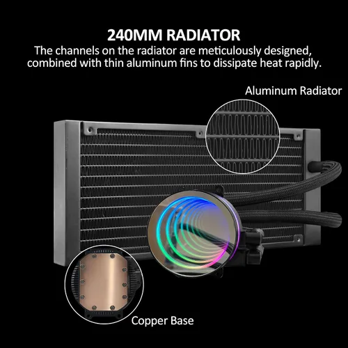 Miniatura 7 de Enfriador de CPU AIO de 9.449 in con ventilador de CPU RGB PWM direccionable y refrigeración líquida del radiador para Intel y AMD, bomba de espejo