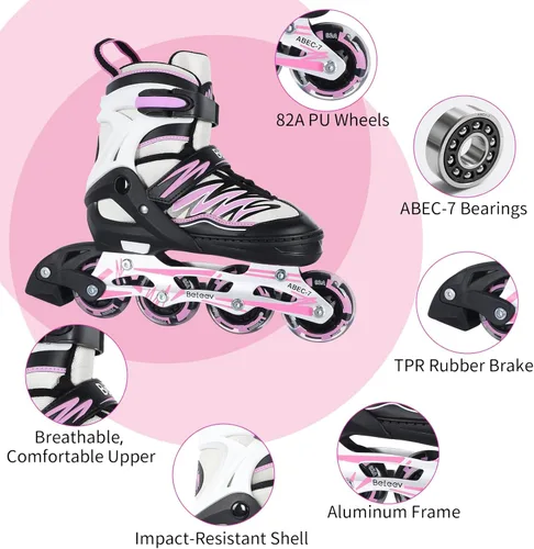 Miniatura 5 de BELEEV Patines en línea con ruedas iluminadas y cordones, cuchillas ajustables de 4 tallas para niños, niños y niñas de 5-8, 8-12, 6-12, patines Rosa