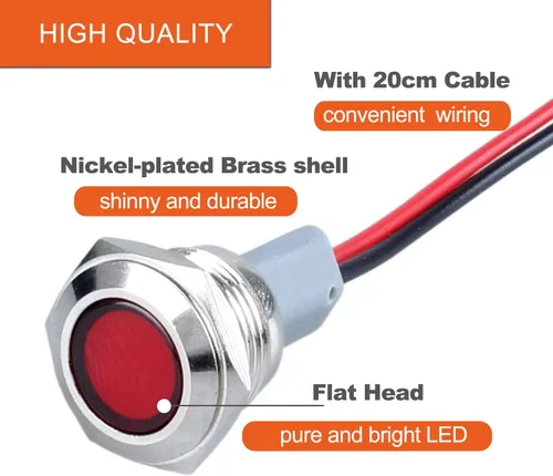 Miniatura 3 de 2 piezas de luz indicadora de metal de 16 mm con orificio de montaje de 5/8", 12-24V AC/DC 20mA, lámpara piloto LED de cabeza plana impermeable IP67