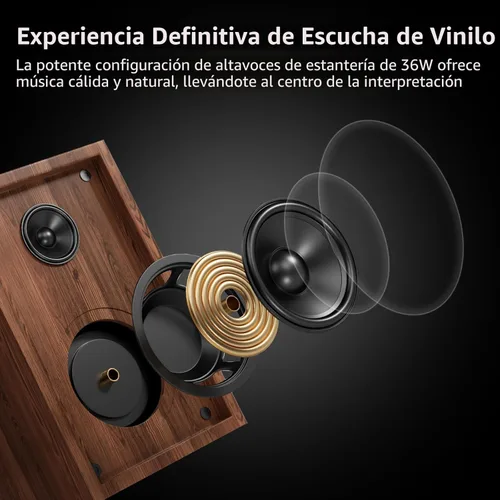 Miniatura 6 de Sistema de tocadiscos Bluetooth HiFi con altavoces de estantería de 36 vatios, reproductor de discos de vinilo con diseño patentado con cartucho