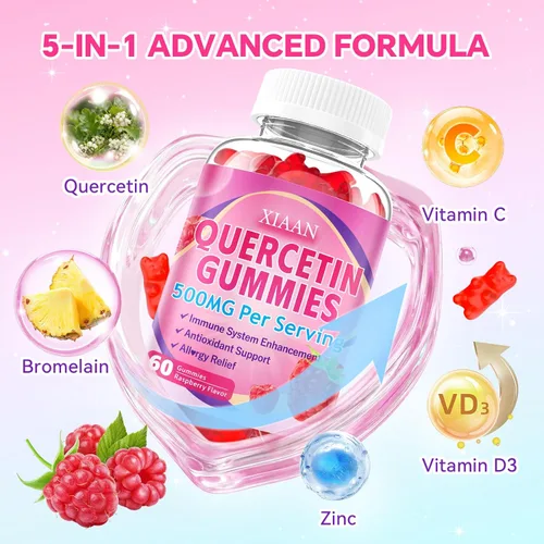 Miniatura 3 de Gomitas de quercetina de 500 mg para niños y adultos, suplementos de quercetina orgánica con bromelina, zinc, vitamina C y D3, antioxidante y salud
