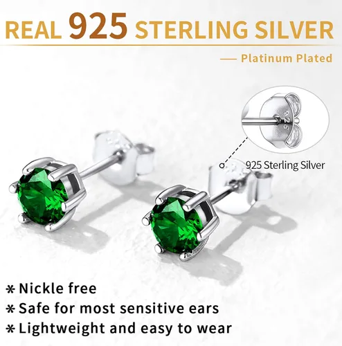 Miniatura 8 de ChicSilver Aretes de plata de ley 925 con forma de corazón brillante, redondaprincesa con piedra natal para mujer, joyería de cumpleaños