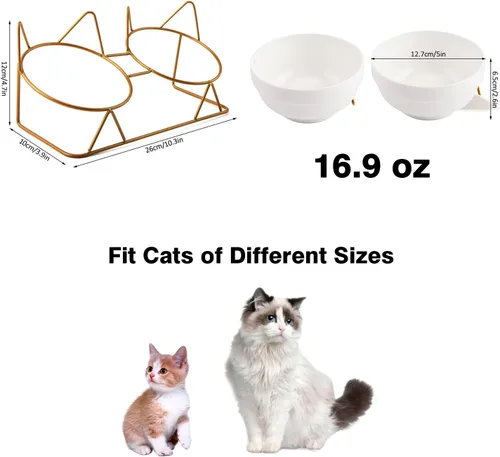 Miniatura 3 de Trosetry Cuencos para gatos, cuencos dobles de cerámica para mascotas con soporte elevado inclinado 15° para alimentos y agua, comedero antivómito
