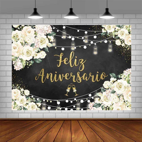 Miniatura 4 de AIBIIN Telón de fondo de feliz aniversario de 8 x 6 pies con temática mexicana, decoraciones de feliz aniversario, flores blancas, fondo