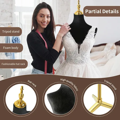 Miniatura 11 de Modista maniquí femenino: torso de medio cuerpo con altura ajustable, terciopelo corto negro esponjoso, base de metal dorado