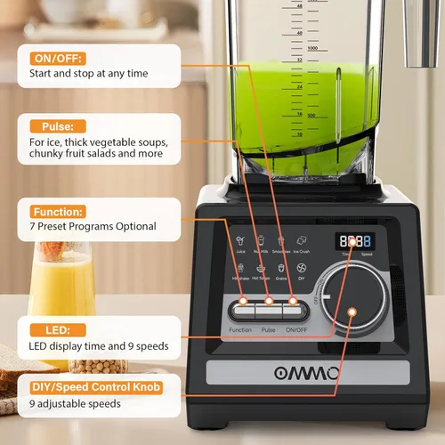 Miniatura 2 de OMMO Licuadora Peak1800W para batidos, licuadoras de batidos sin BPA de 68 onzas para cocina con control de 9 velocidades y temporizador integrado