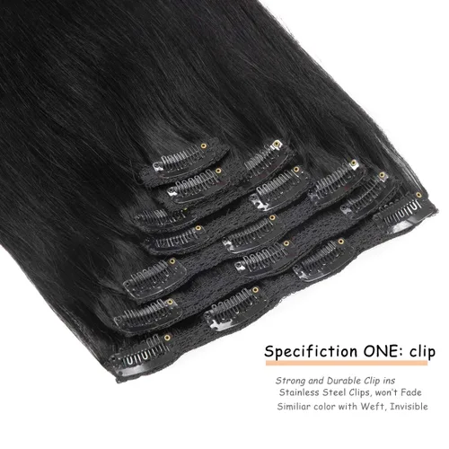 Miniatura 3 de Caliee Extensiones de cabello con pinzas de cabello humano 14 pulgadas Color 1 Negro azabache trama doble invisibles Extensiones de cabello humano