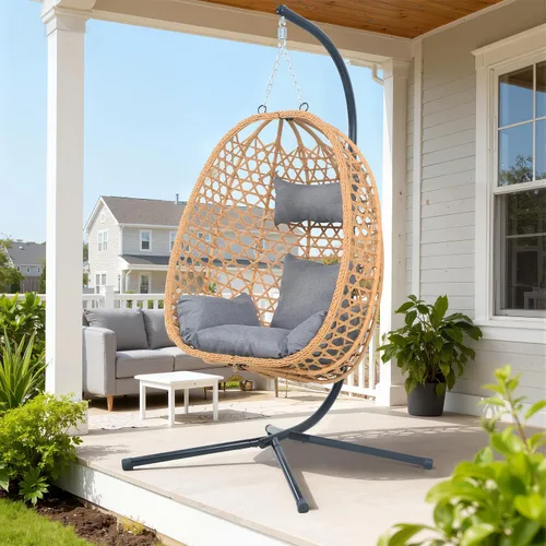 Miniatura 3 de Silla colgante de huevo con soporte y cojines, silla oscilante de ratán para todo tipo de clima para patio, balcón, jardín