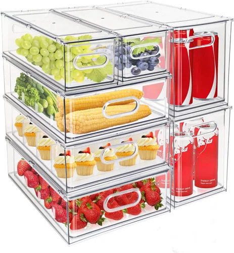Miniatura 11 de Mano Paquete de 3 contenedores apilables extraíbles para nevera con asa, organizador transparente para almacenamiento de alimentos, caja