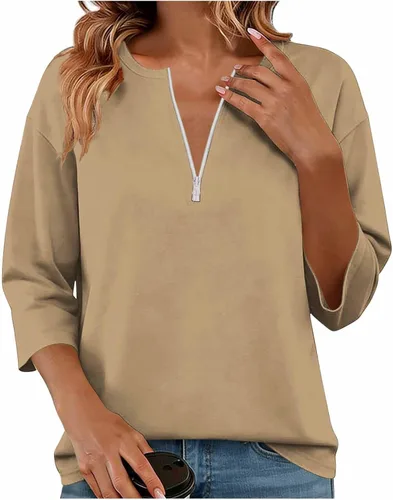 Miniatura 17 de Sudadera de manga larga con media cremallera para mujer, de gran tamaño, bloque de color, con cremallera de un cuarto, camisas de moda de primavera