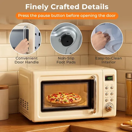 Miniatura 9 de SIMOE Horno microondas retro crema, 0.7 pies cúbicos microondas compacto de encimera, microondas pequeño de 700 W con pantalla LED, bloqueo
