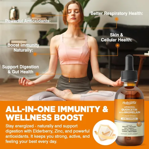 Miniatura 4 de Quercetina liposomal con gotas líquidas de bromelina, 8 en 1 quercetina orgánica 1000 mg suplementos con bromelina 500 mg, vitamina C, D3, zinc