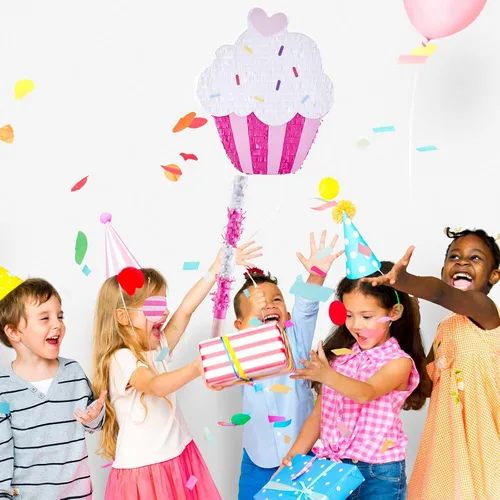 Miniatura 4 de Piñata de cupcakes para fiesta de cumpleaños, piñata azul para niñas con palo, confeti para los ojos vendados, piñatas grandes de helado para niños