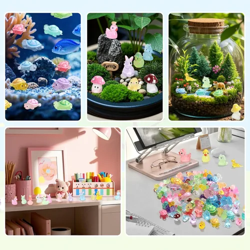 Miniatura 3 de 100 piezas de mini animales de resina, mini patos, unicornios, conejos, delfín, rana, dinosaurio, gato, animales luminosos que brillan