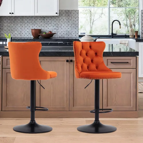 Miniatura 38 de SoarFlash Juego de 2 taburetes de bar tapizados de terciopelo moderno con patas de madera, botones acolchados, cabeza de clavo cromada, asiento