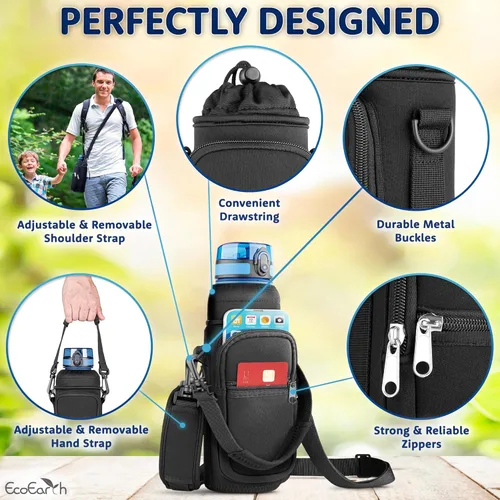 Miniatura 2 de EcoEarth - Water Bottle Holder with Strap - Water Bottle Carrier Bag for Hiking - Crossbody Hydration Pouch with Phone Holder Negro