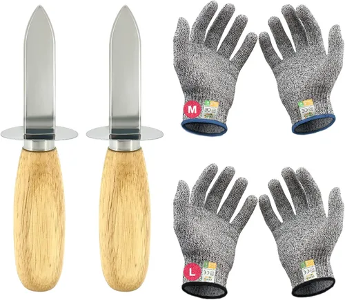 MYBMHTNB Juego de cuchillos para ostras de acero inoxidable de 2 piezas y 2 pares de guantes resistentes a cortes de nivel 5, cuchillos para ostras