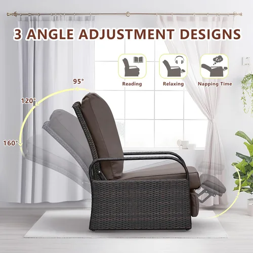Miniatura 3 de Babylon Sillón reclinable de mimbre para exteriores, silla reclinable ajustable para patio con cojines de 14 cm de grosor y otomana, resistente a