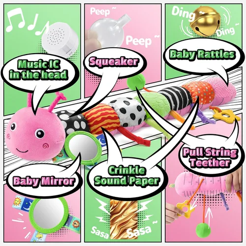 Miniatura 2 de LIGHTDESIRE Juguetes musicales para bebés, oruga, juguetes infantiles de 3, 6, 12 meses, juguete sensorial con diseño de regla, espejo, cuerda