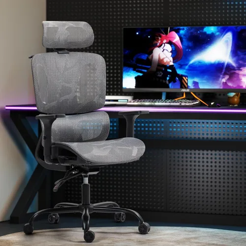 Miniatura 8 de Silla de oficina ergonómica con soporte lumbar ajustable, reposabrazos y reposacabezas 3D, silla reclinable de 135° con base de acero grande, silla