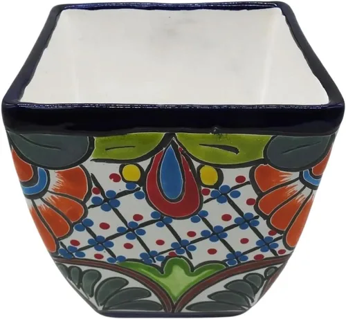 Miniatura 2 de Maceta cuadrada grande pintada a mano para interiores y exteriores, figura multicolor (Talavera)