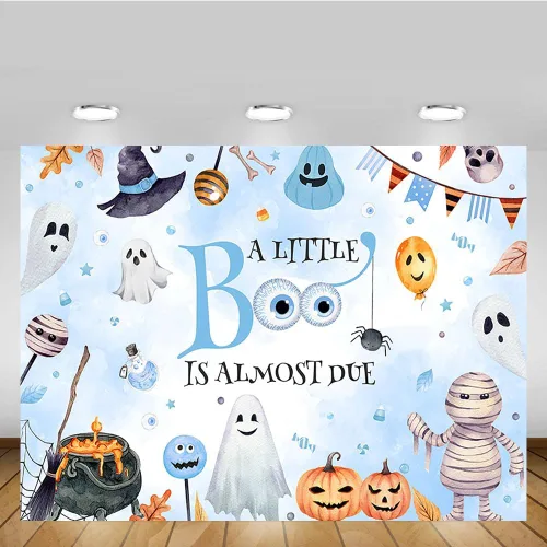 Miniatura 5 de MEHOFOND Telón de fondo de Halloween de 7 x 5 pies con texto en inglés "A Little Boo is Almost Due Pumpkin Photography Background Blue Watercolor