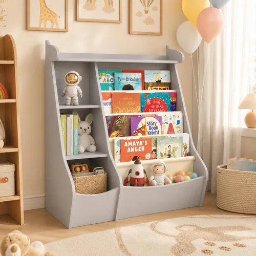 Miniatura 9 de FKWin Estantería infantil 2 en 1 y almacenamiento de juguetes de 5 niveles con carrito rodante, almacenamiento oculto para guardería, sala