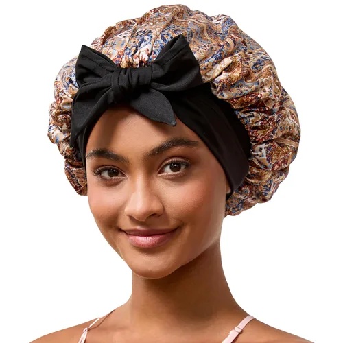 Miniatura 14 de Gorro de satén de seda con banda de amarre para dormir, para mujeres de cabello rizado: gorro de noche para cabello liso, ondulado, ensortijado, Rosa