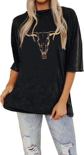 IZYJOY Camiseta bohemia con calavera de vaca para mujer, estilo vintage, con estampado de roeo occidental, de manga corta, calavera de toro, de gran