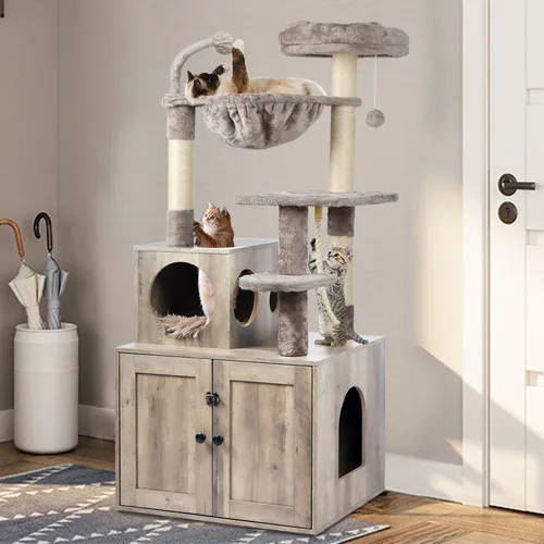 Miniatura 9 de Timberer Árbol para gatos con recinto para caja de arena, torre para gatos 2 en 1 para gatos de interior, condominio grande de madera para gatos