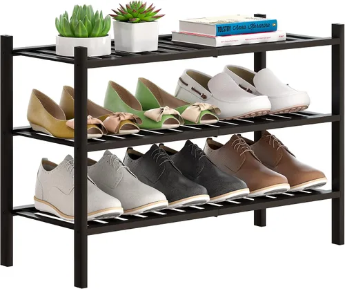 Miniatura 8 de Zapatero de bambú apilable para zapatos, organizador de almacenamiento para unidad, entrada, pasillo y armario, estante resistente independiente