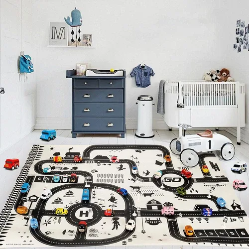 Miniatura 2 de Alfombra de juego para niños, tráfico, rutas de carretera, escena de la ciudad, mapa, modelo, coche, juguete, almohadilla de juego
