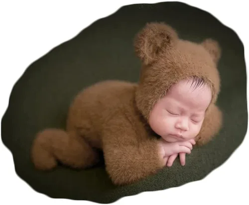 Miniatura 8 de Zeroest Accesorios de fotografía para recién nacidos, trajes de niño, accesorios para fotos de oso y niña, gorro con pies, mameluco de manga Marrón