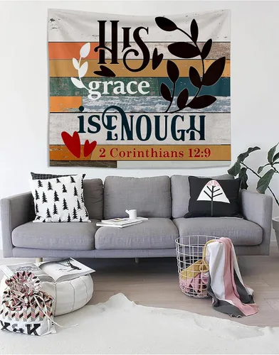 Miniatura 3 de Knibeo Tapiz cristiano con texto bíblico 2 Corintios 12:9 His Grace is Enough - Tapices religiosos para colgar en la pared, decoración para el hogar