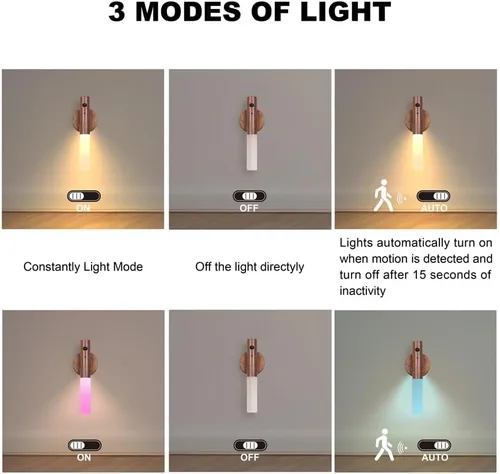 Miniatura 3 de LANDGOO Luz nocturna con sensor de movimiento RGB y control táctil, aplique de pared de madera recargable USB-C Luz de baño/dormitorio