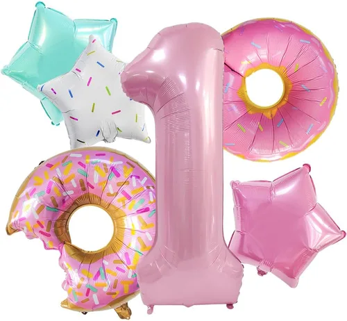 Decoraciones de dona para el primer cumpleaños, suministros de decoración de fiesta de cumpleaños para niñas, 40 pulgadas, color rosa, 6 globos de