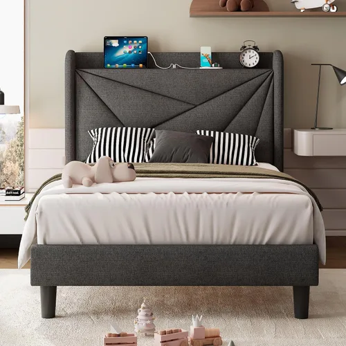 Miniatura 11 de iPormis Base de cama tamaño Queen con estación de carga, marco de cama de plataforma de lino con cabecera tapizada con respaldo de ala, soporte