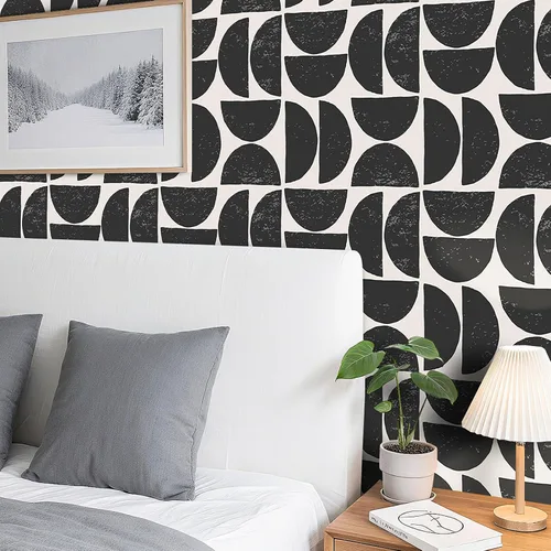 Miniatura 4 de Livelynine Papel tapiz negro atrevido para despegar y pegar, apto para inquilinos, color negro y crema de mediados de siglo, moderno, abstracto